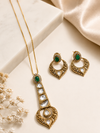Premium Polki Necklace with Green Emerald Stone Pendant | Traditional Gold-Tone Ethnic Jewelry for Women