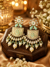 Mint Green Kundan Meenakari Pearl Drop Earrings – Gold-Plated Ethnic Statement Earrings
