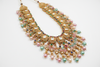 Mehroon Gold Plated Kundan Long Necklace with Multicolour Pearls in Braid